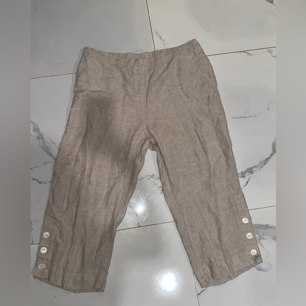 Chicos Pants Womens Oatmeal Pull On Elastic Linen Button Hem Cropped Straight